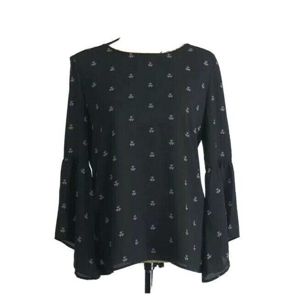 LOFT Outlet Blouse Small Black Tiny Floral Long Bell Sl High Low Top LN